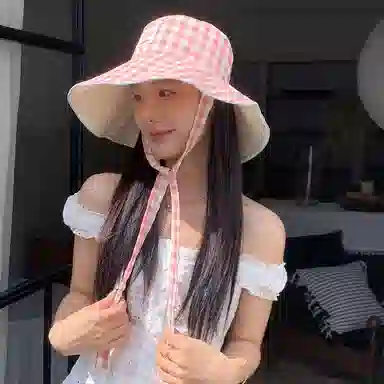 艾佳微 韩版小清新甜美格子系带大檐遮阳帽双面戴百搭防晒帽 棉 渔夫帽 男女同款情侣款