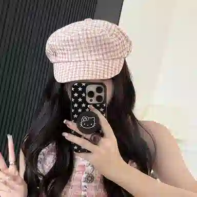 艾佳微 海军风小众格纹金属小标文艺显白春夏遮阳时髦优雅显脸小 棉 贝雷帽 男女同款情侣款