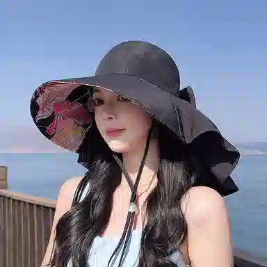 艾佳微 自由度假海边沙滩游玩防晒遮阳大檐披肩时尚蝴蝶结  涤纶 渔夫帽 男女同款情侣款