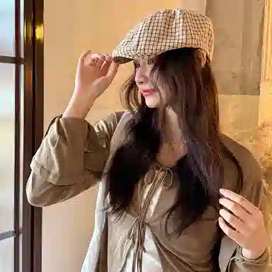 艾佳微 日系英伦风复古格纹显脸 棉 贝雷帽 男女同款情侣款