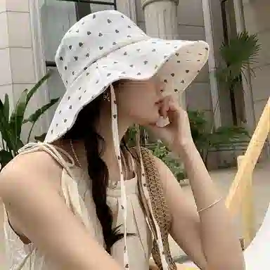艾佳微 日系甜美文艺爱心系带大帽檐遮阳防晒盆帽显脸小 棉 渔夫帽 女款