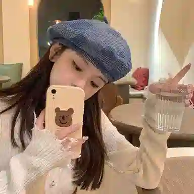 艾佳微 日系文艺复古肌理感格纹八角帽子街拍百搭显脸小画家帽 牛仔布 贝雷帽 男女同款情侣款