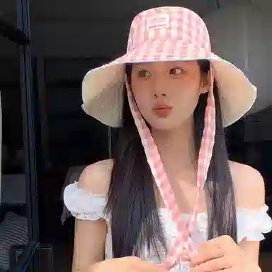 艾佳微 韩版小清新甜美格子系带大檐遮阳帽双面戴百搭防晒帽 棉 渔夫帽 男女同款情侣款