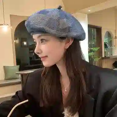 艾佳微 日系文艺复古肌理感格纹八角帽子街拍百搭显脸小画家帽 牛仔布 贝雷帽 男女同款情侣款