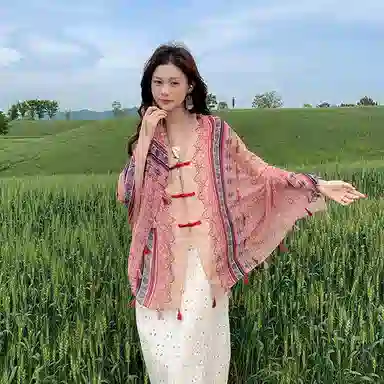 艾佳微 高级感外披复古民族风防晒盘扣罩衫百搭沙滩巾 披肩 男女同款情侣款