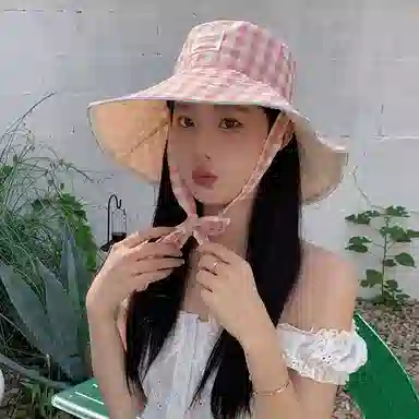 艾佳微 韩版小清新甜美格子系带大檐遮阳帽双面戴百搭防晒帽 棉 渔夫帽 男女同款情侣款