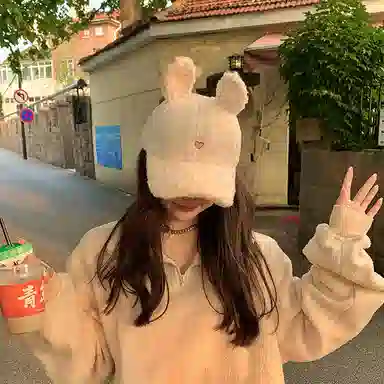 艾佳微 韩国甜美帽子可爱兔耳朵毛绒棒球帽百搭拍照萌萌哒 涤纶 鸭舌帽 男女同款情侣款