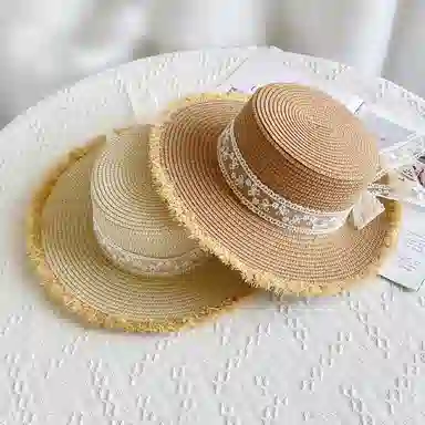 艾佳微 优雅休闲百搭蝴蝶结蕾丝毛边海边沙出游遮阳 纸草 渔夫帽 男女同款情侣款