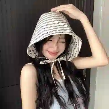 艾佳微 法式条纹户外出游防晒帽高级感大帽檐显脸小遮阳帽 聚酯纤维 渔夫帽 男女同款情侣款