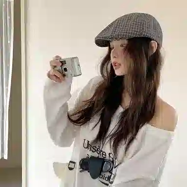 艾佳微 日系英伦风复古格纹显脸 棉 贝雷帽 男女同款情侣款