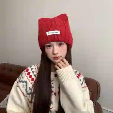艾佳微 可爱猫耳朵韩版显脸小 加厚保暖护耳 涤纶 绒线帽 男女同款情侣款