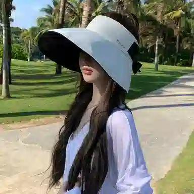 艾佳微 夏季防紫外线空顶时尚甜酷蝴蝶结户外大檐遮脸防风拼色太阳 聚酯纤维 防晒帽 女款