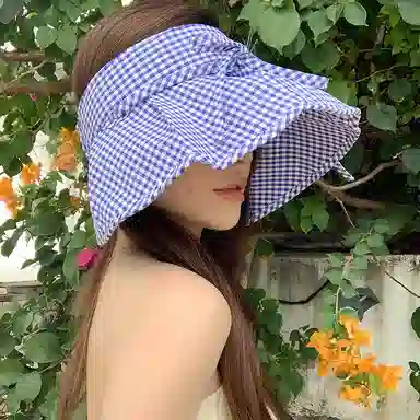 艾佳微 蝴蝶结格子空顶帽夏季大檐海边度假太阳帽防紫外线防晒 棉 渔夫帽 男女同款情侣款