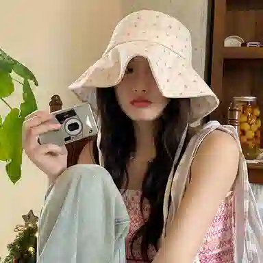 艾佳微 日系甜美文艺爱心系带大帽檐遮阳防晒盆帽显脸小 棉 渔夫帽 女款