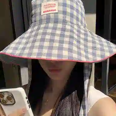 艾佳微 韩版小清新甜美格子系带大檐遮阳帽双面戴百搭防晒帽 棉 渔夫帽 男女同款情侣款
