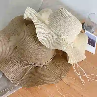 艾佳微 海边度假草帽草编大帽檐防晒帽可折叠蝴蝶结遮阳沙滩帽#好运 聚酯纤维 渔夫帽 男女同款情侣款