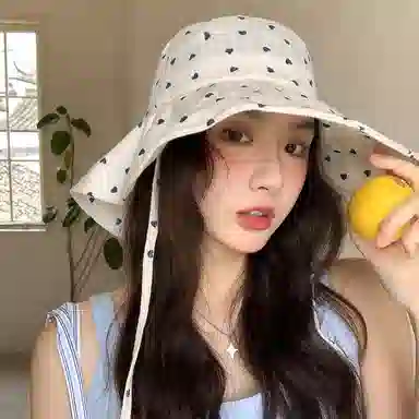 艾佳微 日系甜美文艺爱心系带大帽檐遮阳防晒盆帽显脸小 棉 渔夫帽 女款
