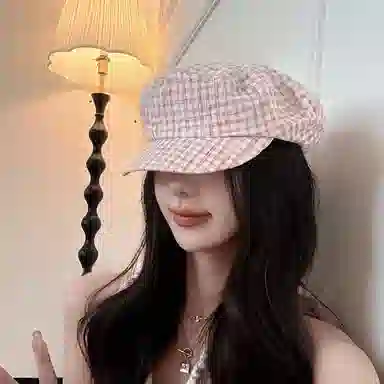 艾佳微 海军风小众格纹金属小标文艺显白春夏遮阳时髦优雅显脸小 棉 贝雷帽 男女同款情侣款