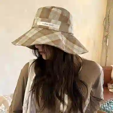 艾佳微 心动一夏时尚出游度假大帽檐显脸小防晒格子 聚酯纤维 渔夫帽 男女同款情侣款