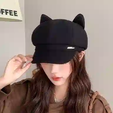 艾佳微 猫耳朵英伦复古日系卡通宽檐显脸小休闲百搭 聚酯纤维 贝雷帽 男女同款情侣款