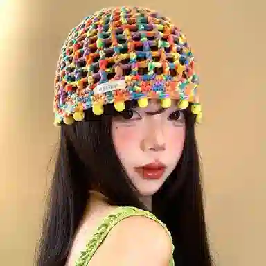 艾佳微 彩色多巴胺串珠吊坠镂空包头帽春夏季薄款民族风显脸小流苏帽子 聚酯纤维 针织帽 男女同款情侣款