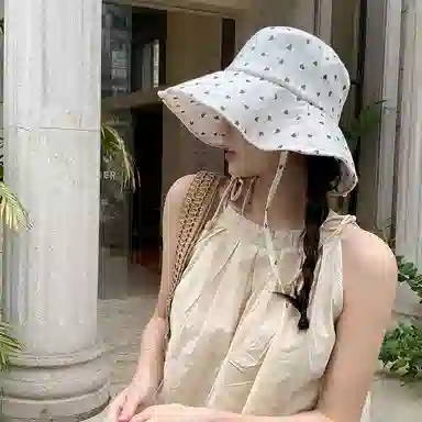 艾佳微 日系甜美文艺爱心系带大帽檐遮阳防晒盆帽显脸小 棉 渔夫帽 女款