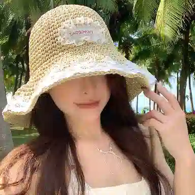 艾佳微 海边沙滩甜美小清新拍照百搭户外防晒防紫外线遮阳 草编 渔夫帽 男女同款情侣款