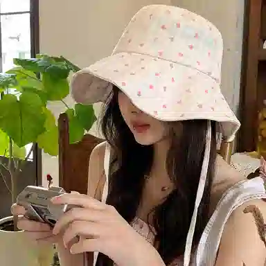 艾佳微 日系甜美文艺爱心系带大帽檐遮阳防晒盆帽显脸小 棉 渔夫帽 女款