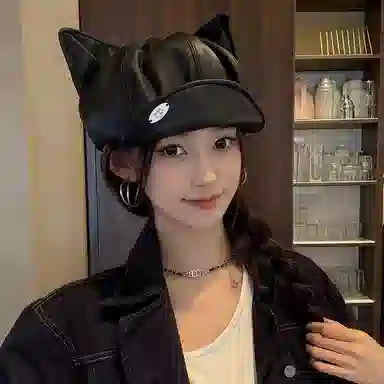 艾佳微 日系可爱猫耳朵甜美百搭 皮革 贝雷帽 男女同款情侣款