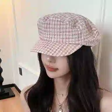 艾佳微 海军风小众格纹金属小标文艺显白春夏遮阳时髦优雅显脸小 棉 贝雷帽 男女同款情侣款