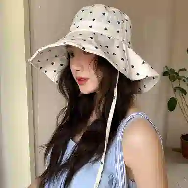 艾佳微 日系甜美文艺爱心系带大帽檐遮阳防晒盆帽显脸小 棉 渔夫帽 女款