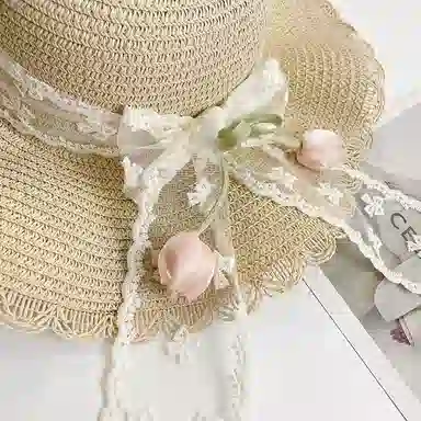 艾佳微 蕾丝花边草编太阳季日系大檐防紫外线盆草海边度假沙滩 纸草 渔夫帽 男女同款情侣款