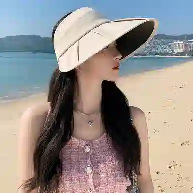 艾佳微 夏季时尚百褶大檐防紫外线遮阳可叠卷空顶半空顶 聚酯纤维 防晒帽 男女同款情侣款