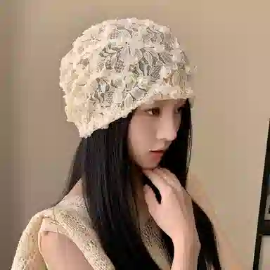 艾佳微 蕾丝立体花朵透气薄款镂空包头帽街头百搭小众套头帽 聚酯纤维 堆堆帽 男女同款情侣款
