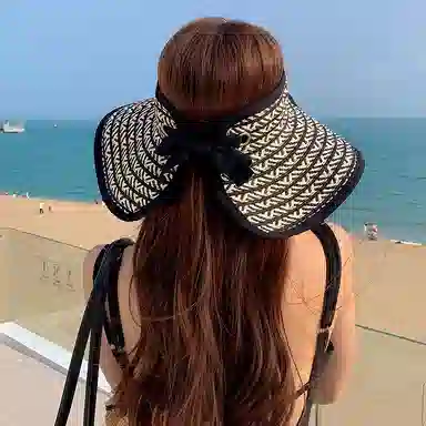 艾佳微 户外海边游玩日常通勤大檐可折叠防晒空顶帽子夏季遮阳帽防紫外线草帽 聚酯纤维 渔夫帽 男女同款情侣款