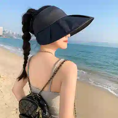 艾佳微 夏季时尚百褶大檐防紫外线遮阳可叠卷空顶半空顶 聚酯纤维 防晒帽 男女同款情侣款