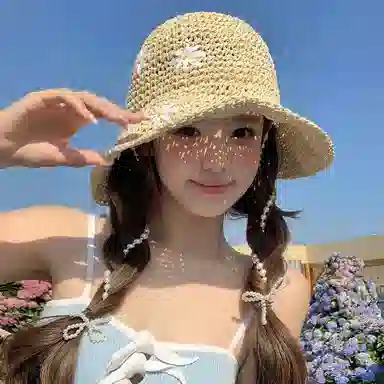 艾佳微 珍珠蝴蝶结小清新花朵遮阳海边沙滩防晒太阳 草编 渔夫帽 女款
