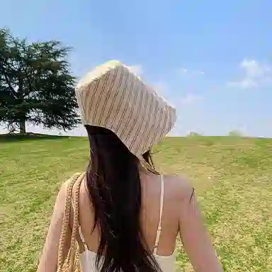 艾佳微 法式条纹户外出游防晒帽高级感大帽檐显脸小遮阳帽 聚酯纤维 渔夫帽 男女同款情侣款