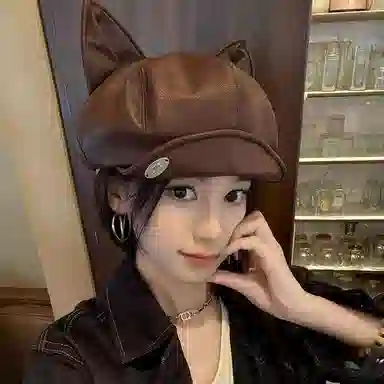 艾佳微 日系可爱猫耳朵甜美百搭 皮革 贝雷帽 男女同款情侣款
