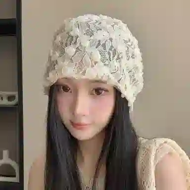 艾佳微 蕾丝立体花朵透气薄款镂空包头帽街头百搭小众套头帽 聚酯纤维 堆堆帽 男女同款情侣款