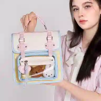 米菲清新学院风英伦剑桥多巴胺撞色少女透明展示层痛包手提单肩斜挎双肩包一包多背