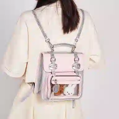 米菲清新学院风英伦剑桥多巴胺撞色少女透明展示层痛包手提单肩斜挎双肩包一包多背