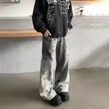 悍戈 蛇纹满印泼墨扎染水洗做旧美式复古高街潮流宽松阔腿个性设计牛仔裤 男女同款