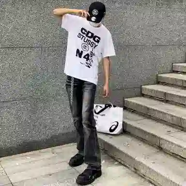 悍戈 美式复古高街水洗做旧微喇修身百搭有垂感 质感不撞衫牛仔裤 男女同款