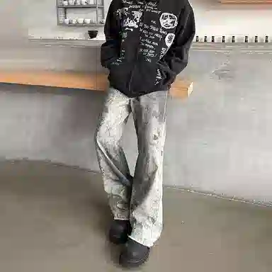 悍戈 蛇纹满印泼墨扎染水洗做旧美式复古高街潮流宽松阔腿个性设计牛仔裤 男女同款