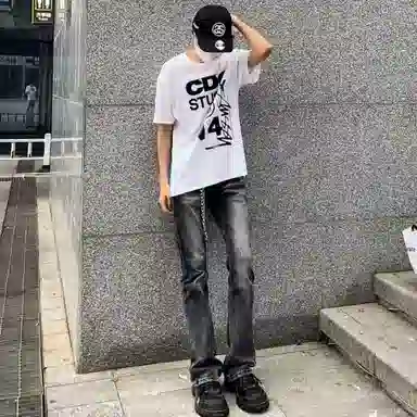 悍戈 美式复古高街水洗做旧微喇修身百搭有垂感 质感不撞衫牛仔裤 男女同款