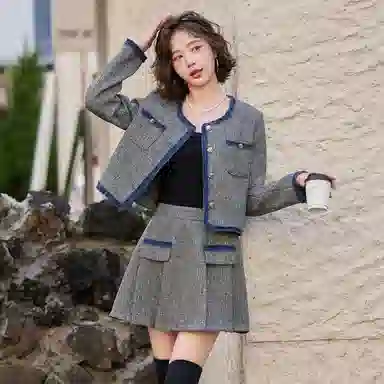 红蜻蜓 小香风圆领短款外套短裙两件套气质裙装套装 女款