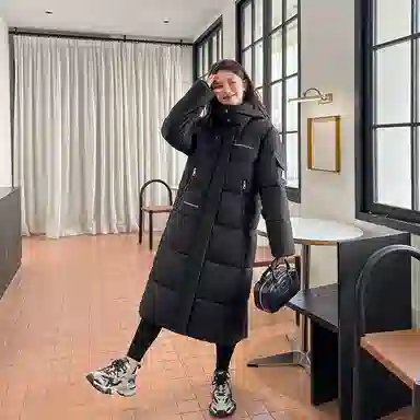 红蜻蜓 长款连帽立领防风保暖棉服 女款