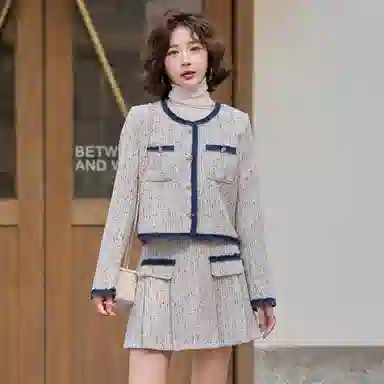 红蜻蜓 小香风圆领短款外套短裙两件套气质裙装套装 女款