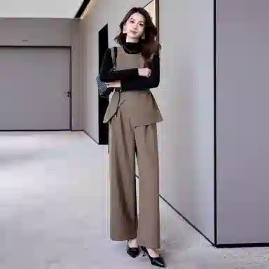 红蜻蜓 时尚大气三件套马甲打底衫直筒裤简约气质休闲套装 女款
